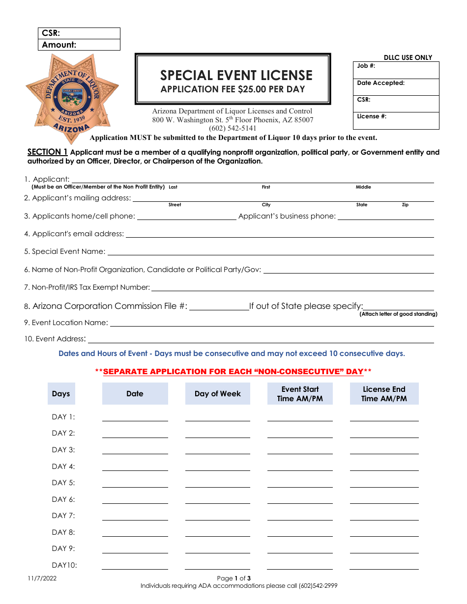 Special Event License - Arizona, Page 1