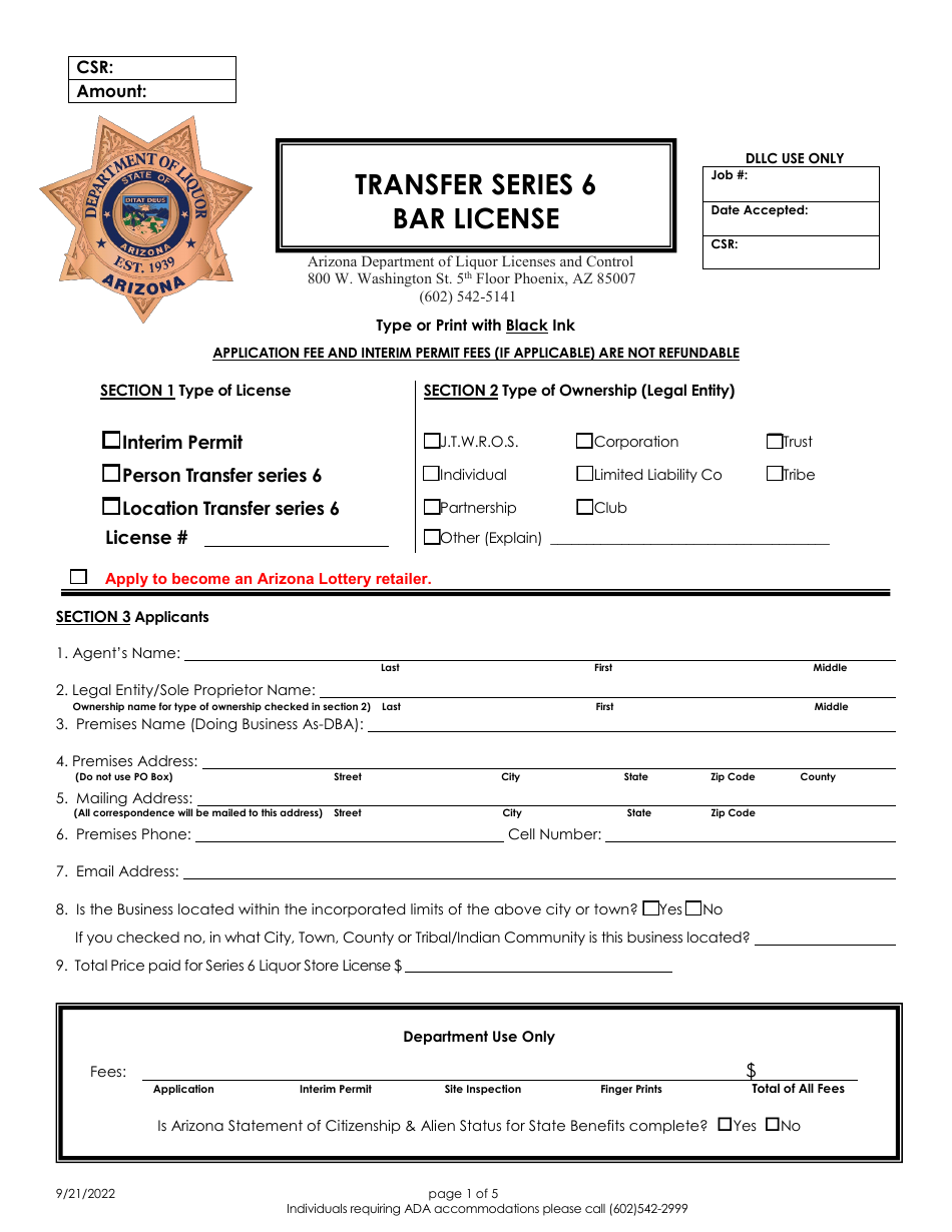Transfer Series 6 Bar License - Arizona, Page 1