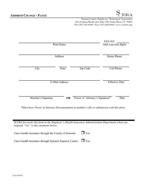 Form M203A Payee Address Change Form - Sonoma County, California