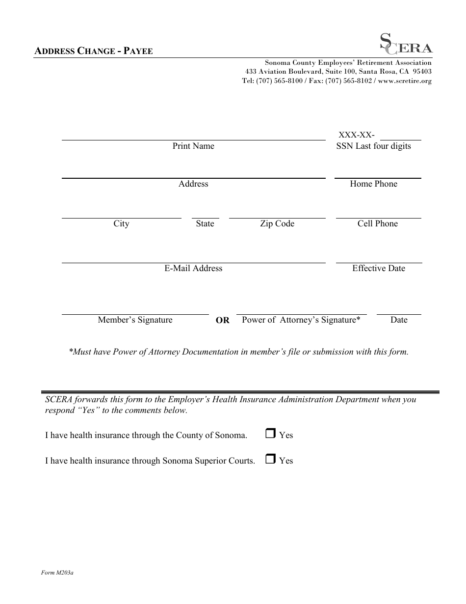 Form M203A Payee Address Change Form - Sonoma County, California, Page 1