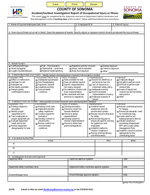 Accident / Incident Investigation Report of Occupational Injury or Illness Form - County of Sonoma, California Download Pdf