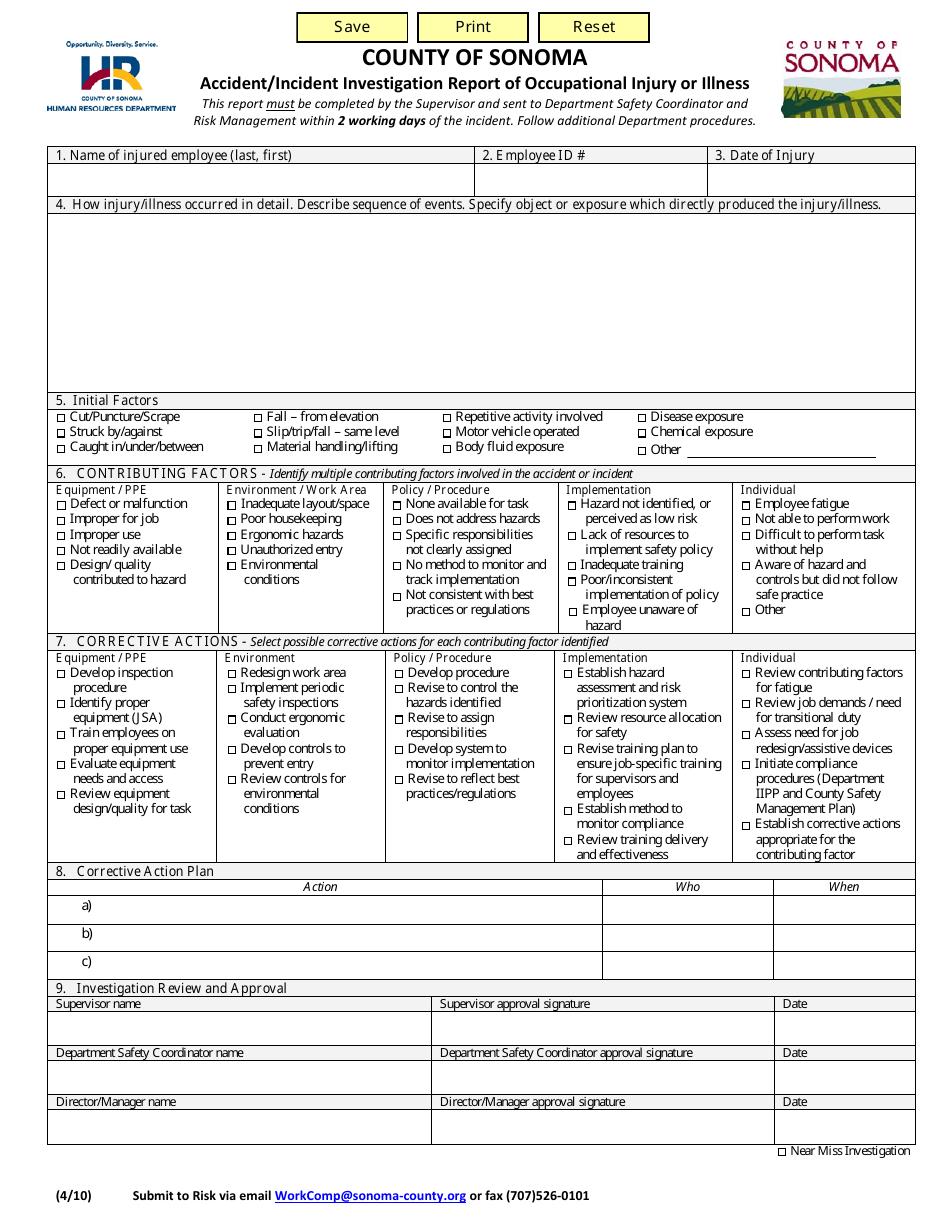 Accident / Incident Investigation Report of Occupational Injury or Illness Form - County of Sonoma, California, Page 1