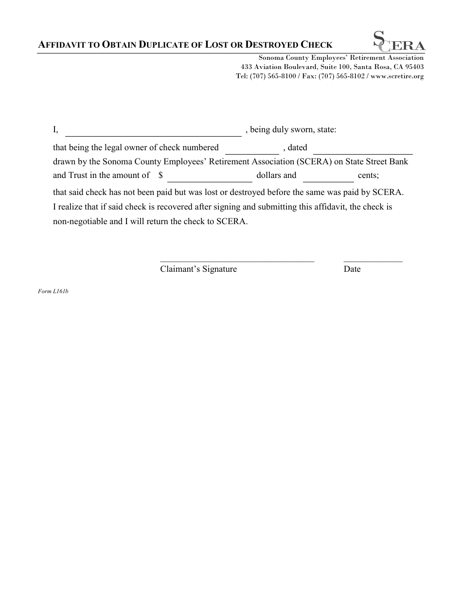 Form L161B Affidavit to Obtain Duplicate of Lost or Destroyed Check - Sonoma County, California, Page 1
