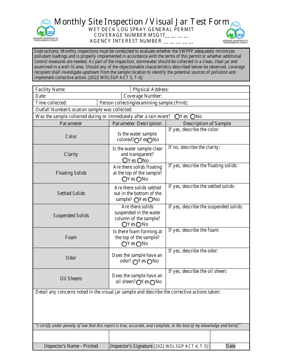 Monthly Site Inspection / Visual Jar Test Form - Wet Deck Log Spray General Permit - Mississippi, Page 1