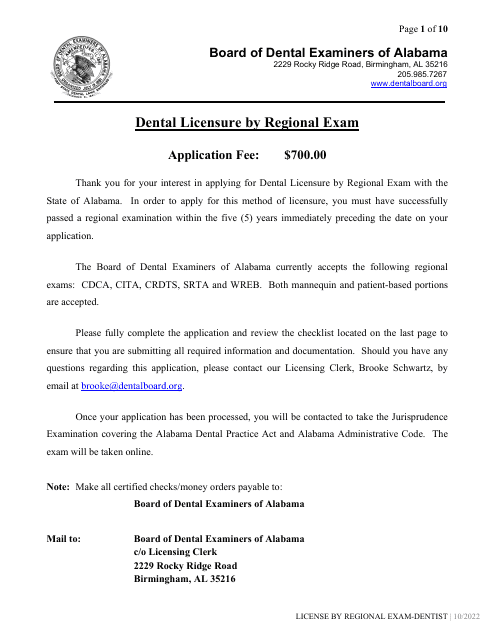 Dental License by Regional Exam Application - Alabama Download Pdf
