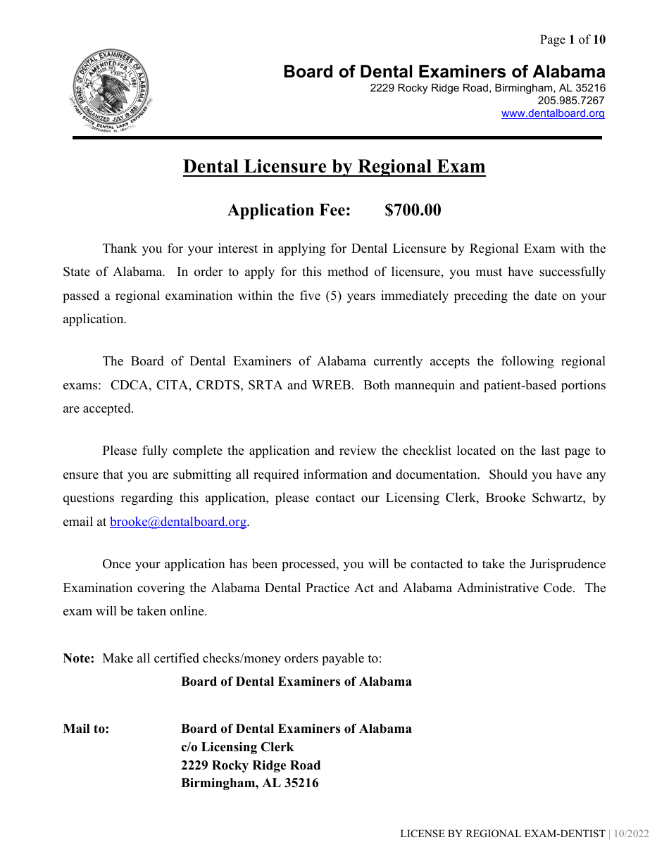 Alabama Dental License by Regional Exam Application Fill Out, Sign Online and Download PDF