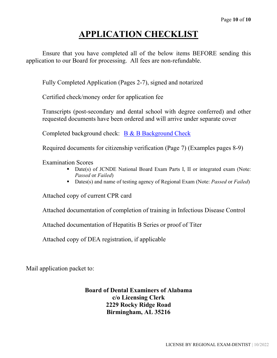 Dental License by Regional Exam Application - Alabama, Page 10
