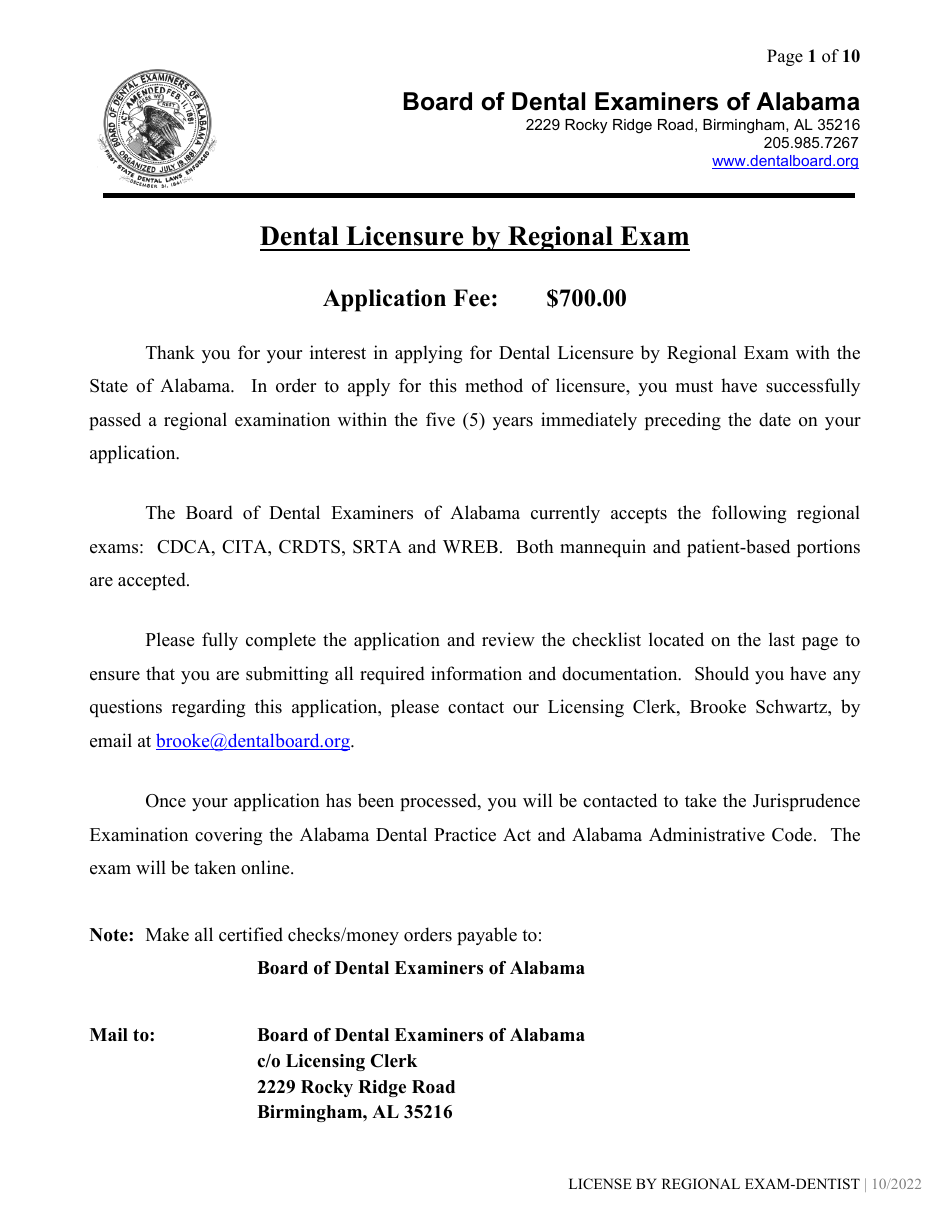 Dental License by Regional Exam Application - Alabama, Page 1