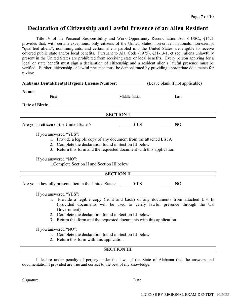 Dental License by Regional Exam Application - Alabama, Page 7
