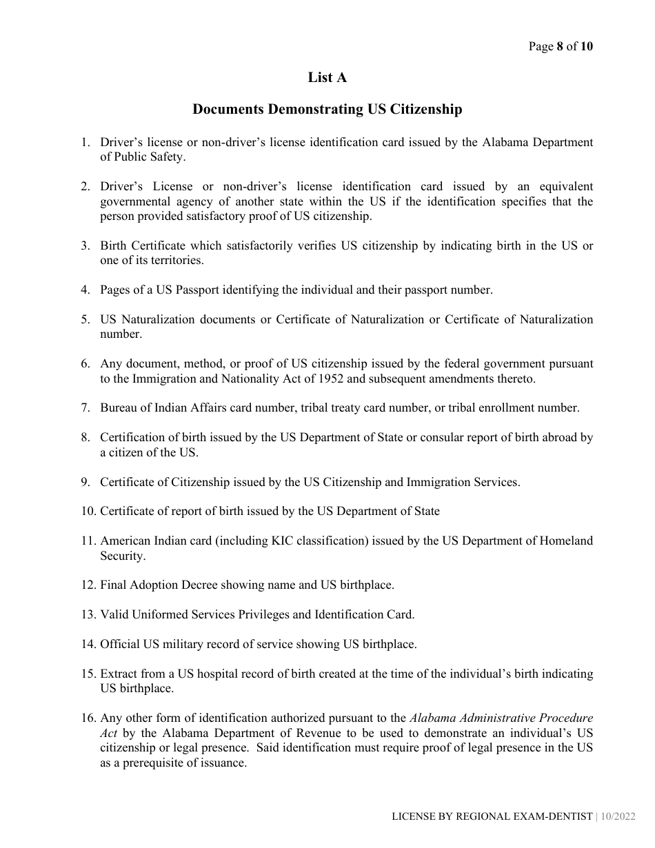 Dental License by Regional Exam Application - Alabama, Page 8