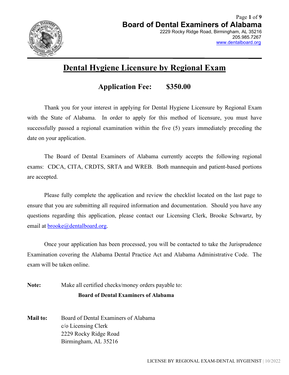 Alabama Dental Hygiene License by Regional Exam Application Fill Out