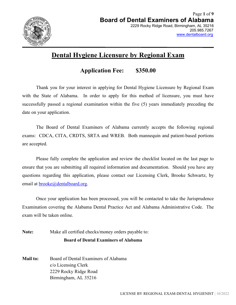 Dental Hygiene License by Regional Exam Application - Alabama, Page 1