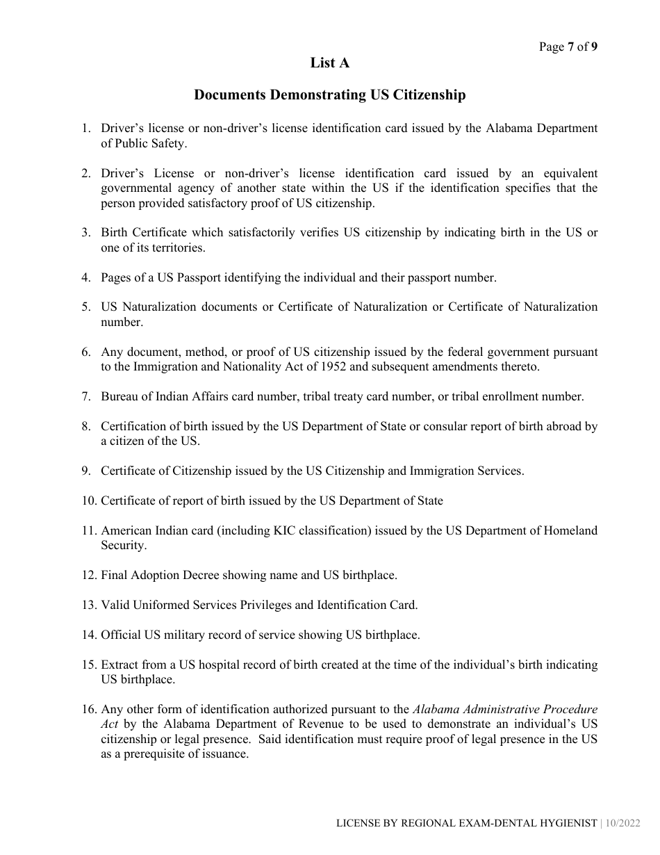 Dental Hygiene License by Regional Exam Application - Alabama, Page 7