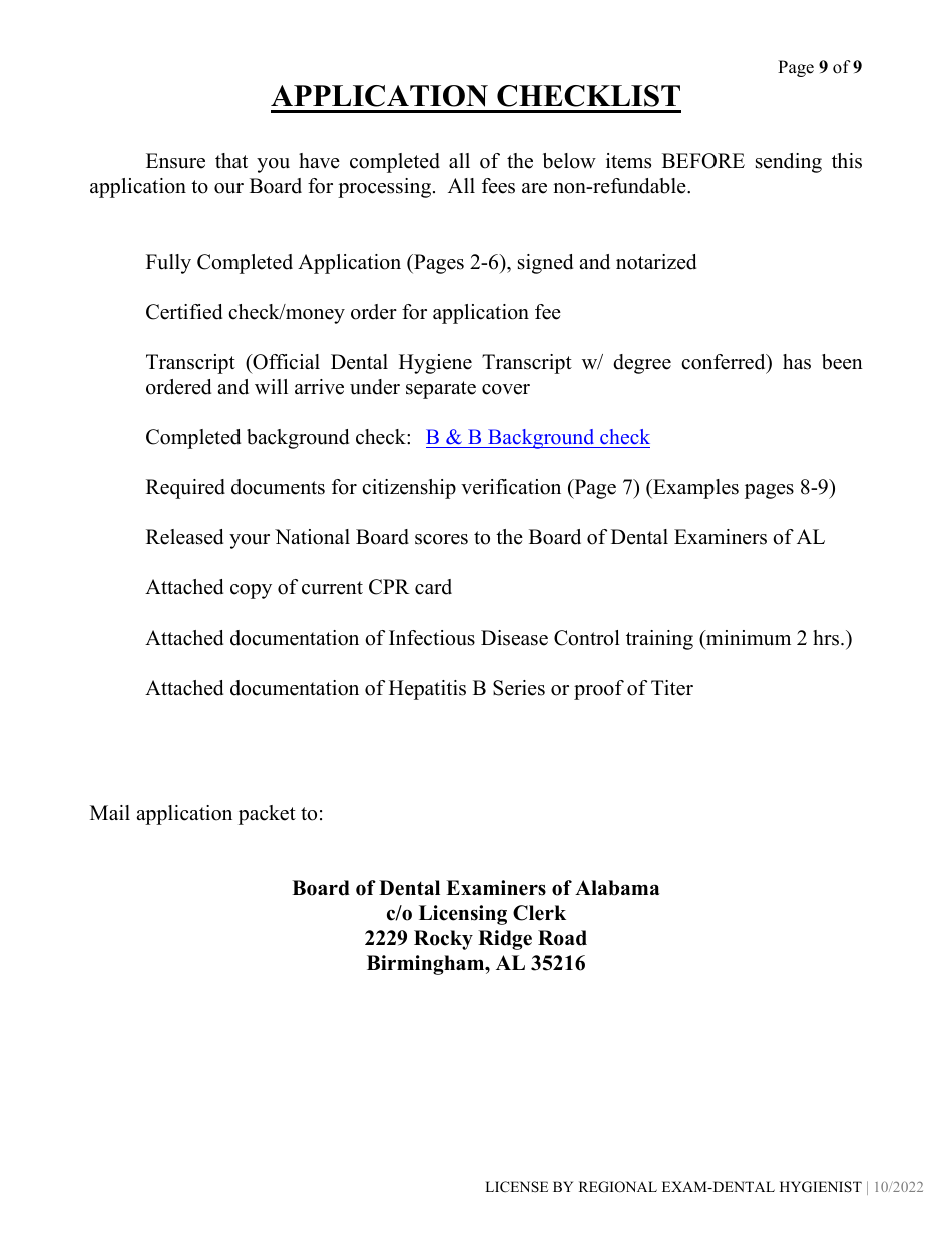 Alabama Dental Hygiene License by Regional Exam Application Fill Out