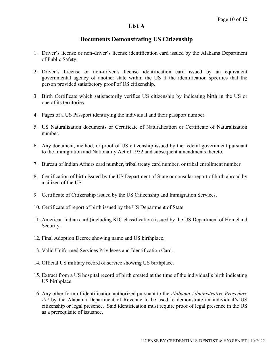 Dental / Dental Hygiene License by Credentials Application - Alabama, Page 10