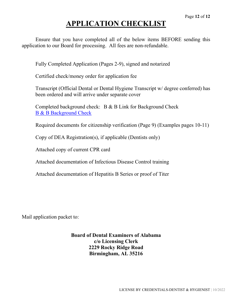 Alabama Dental/Dental Hygiene License by Credentials Application Fill