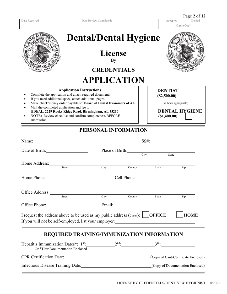 Dental / Dental Hygiene License by Credentials Application - Alabama, Page 2