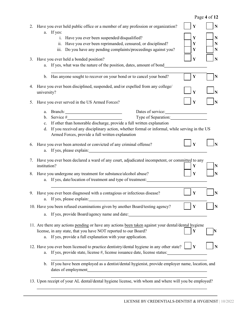 Dental / Dental Hygiene License by Credentials Application - Alabama, Page 4