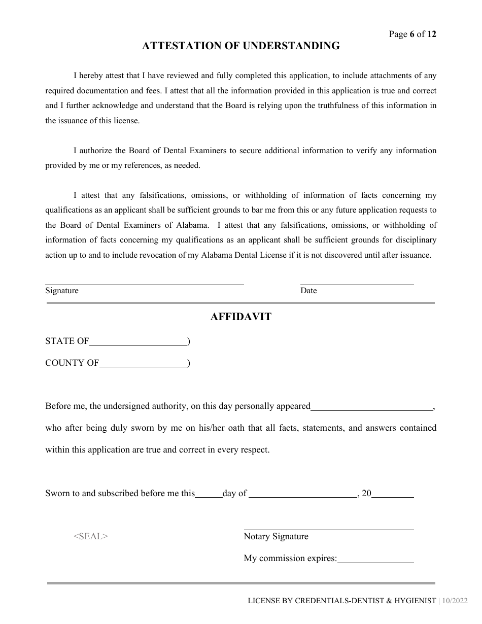 Dental / Dental Hygiene License by Credentials Application - Alabama, Page 6