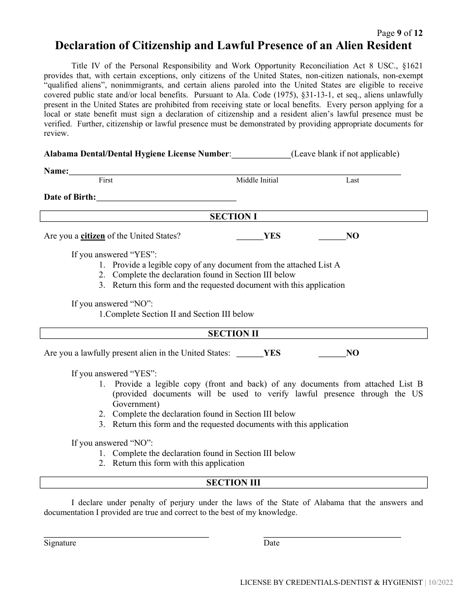 Dental / Dental Hygiene License by Credentials Application - Alabama, Page 9