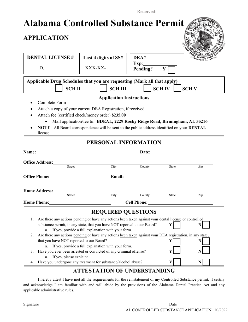 Alabama Alabama Controlled Substance Permit Application Fill Out