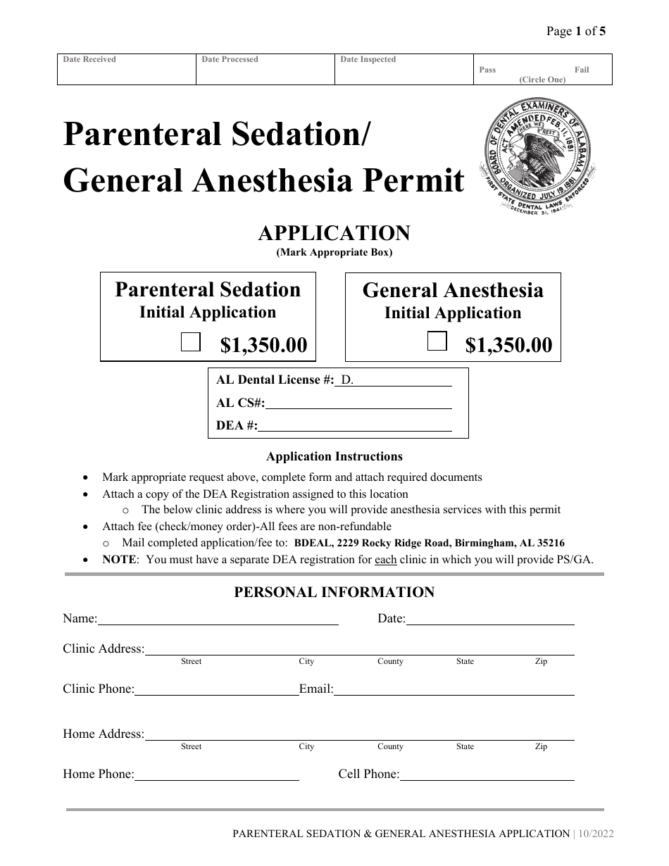Parenteral Sedation / General Anesthesia Permit Application - Alabama, Page 1