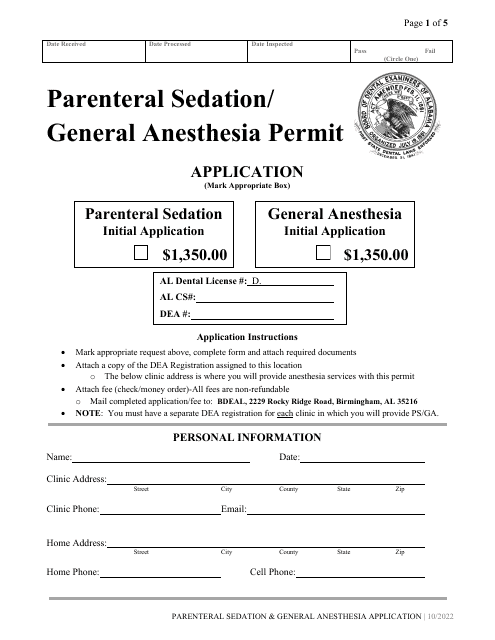 Parenteral Sedation / General Anesthesia Permit Application - Alabama Download Pdf