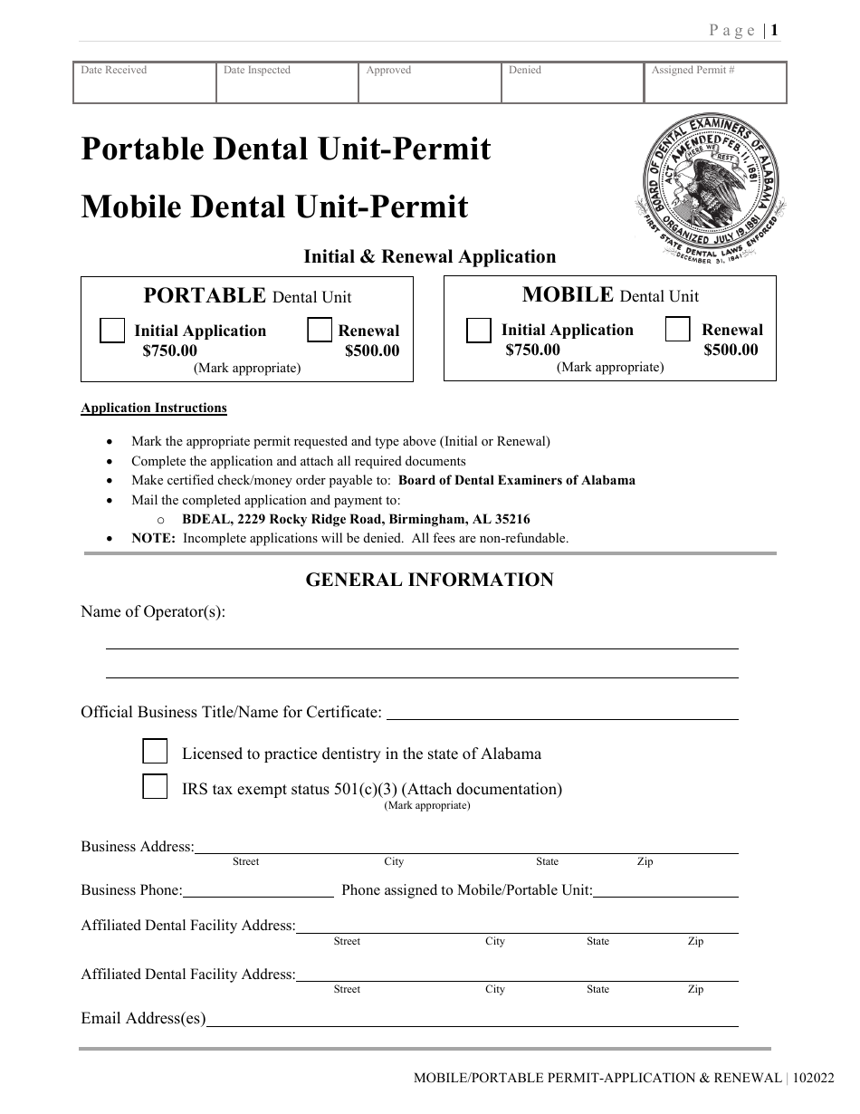 Portable Dental Unit-Permit / Mobile Dental Unit-Permit Initial  Renewal Application - Alabama, Page 1