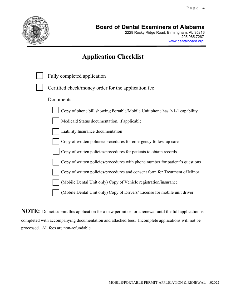 Portable Dental Unit-Permit / Mobile Dental Unit-Permit Initial  Renewal Application - Alabama, Page 4