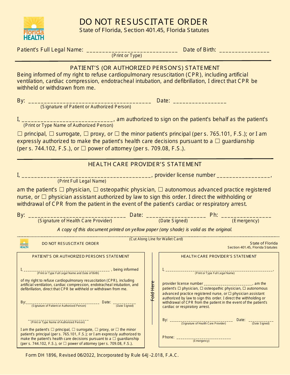 Form DH1896 Do Not Resuscitate Form - Florida, Page 1