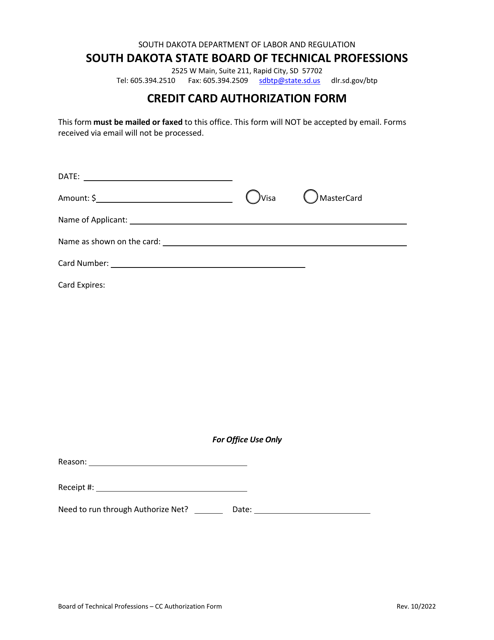 Credit Card Authorization Form - South Dakota Download Pdf