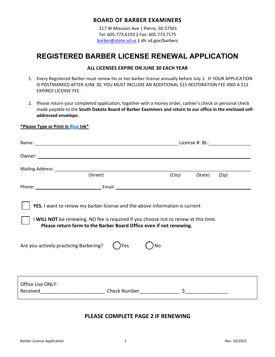 Registered Barber License Renewal Application - South Dakota, Page 1