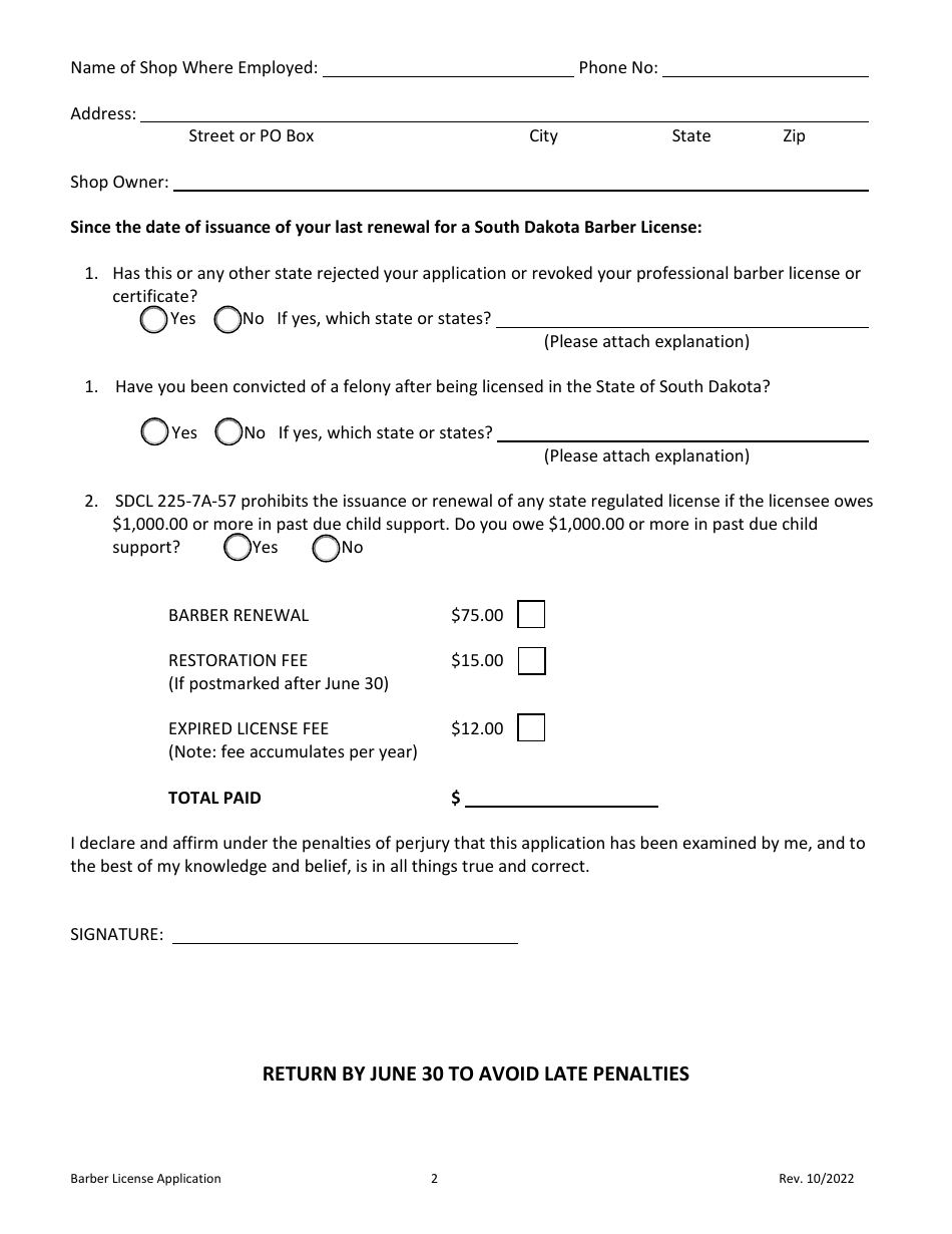 Registered Barber License Renewal Application - South Dakota, Page 2