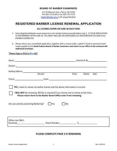 Registered Barber License Renewal Application - South Dakota Download Pdf