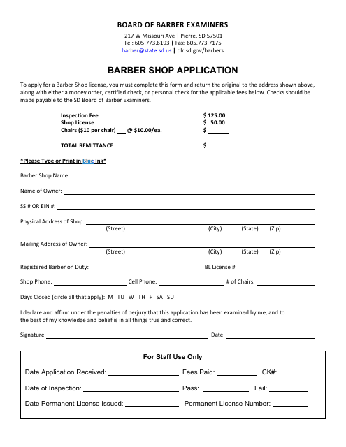 Barber Shop Application - South Dakota Download Pdf