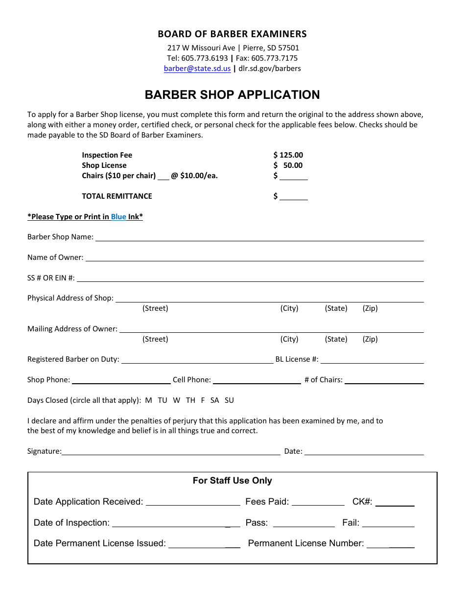 Barber Shop Application - South Dakota, Page 1
