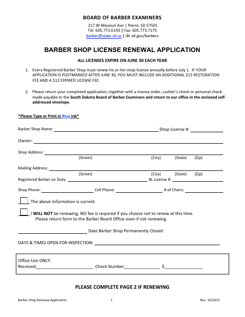 Barber Shop License Renewal Application - South Dakota Download Pdf