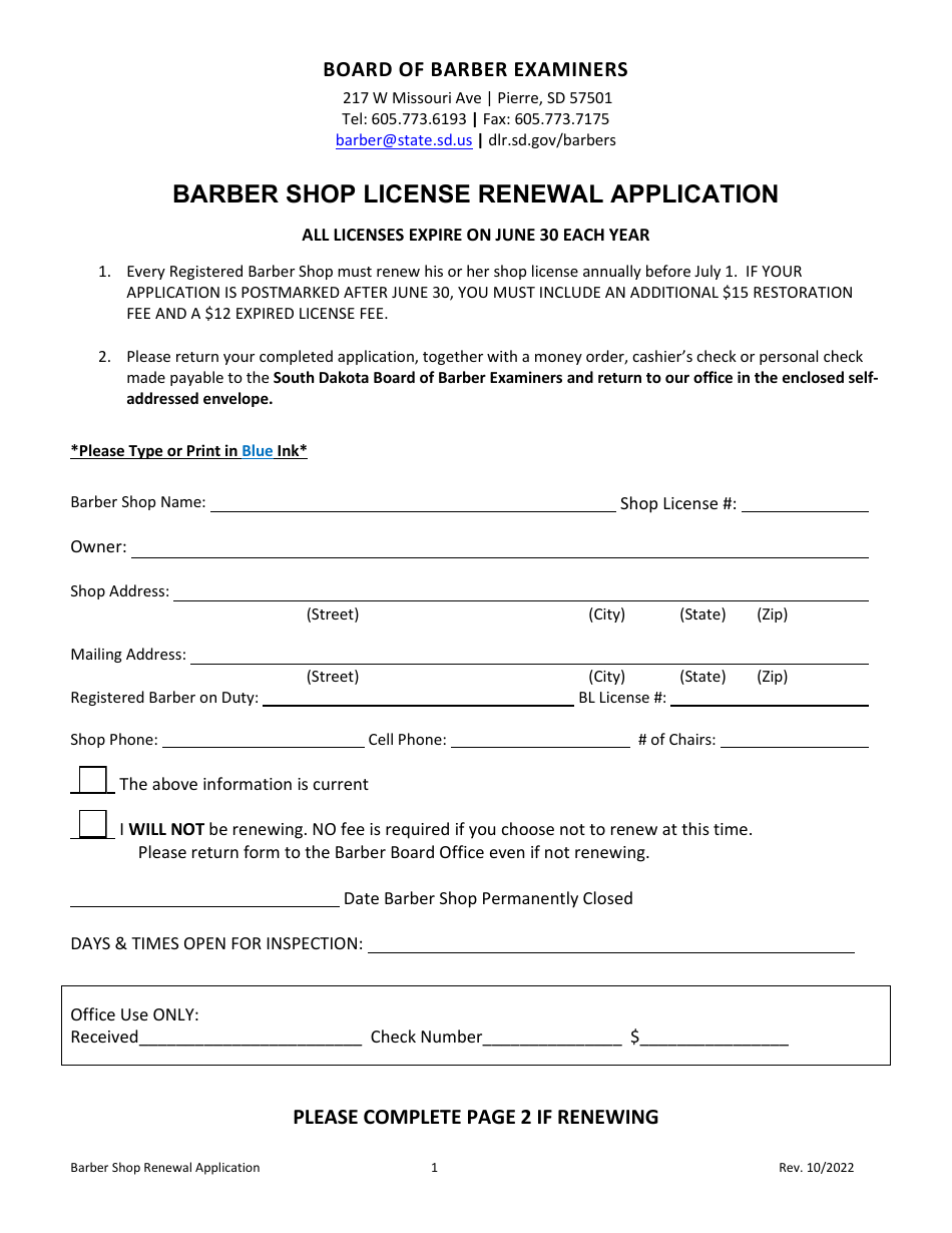 Barber Shop License Renewal Application - South Dakota, Page 1