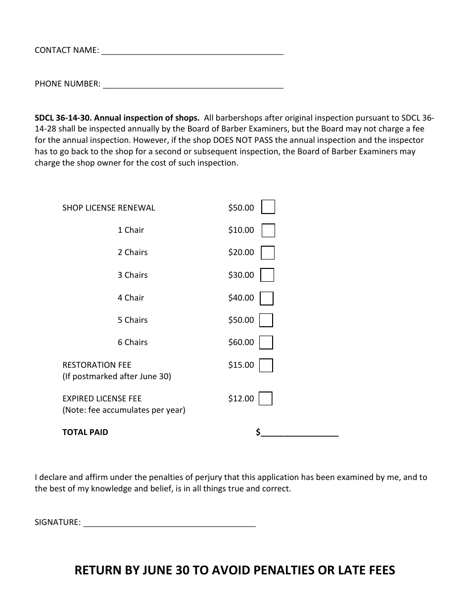 Barber Shop License Renewal Application - South Dakota, Page 2