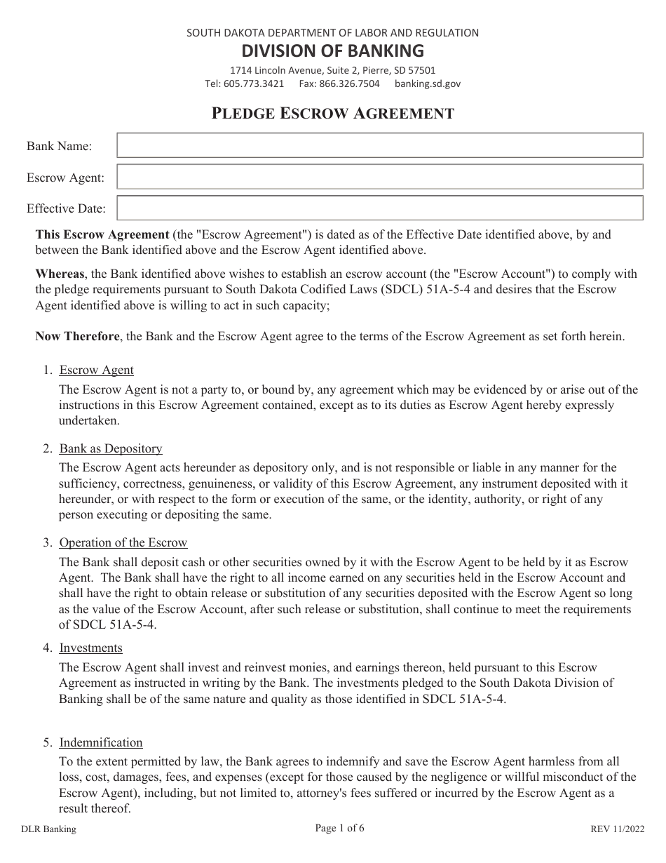Pledge Escrow Agreement - South Dakota, Page 1