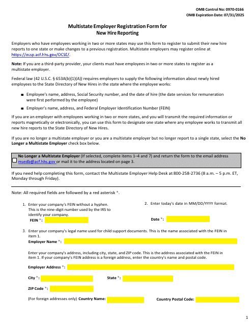 Multistate Employer Registration Form for New Hire Reporting Download Pdf