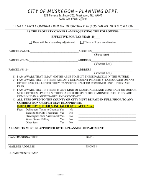 Legal Land Combination or Boundary Adjustment Notification - City of Muskegon, Michigan Download Pdf