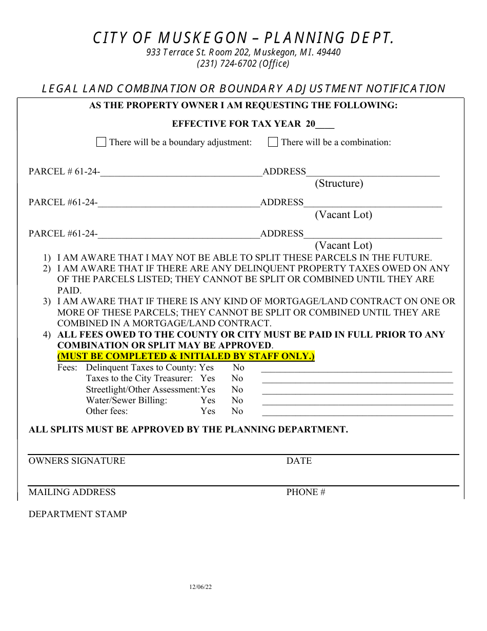 Legal Land Combination or Boundary Adjustment Notification - City of Muskegon, Michigan, Page 1