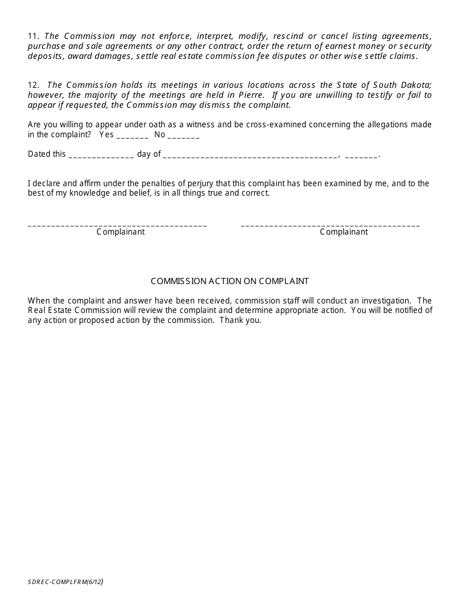 Complaint Form - South Dakota, Page 5