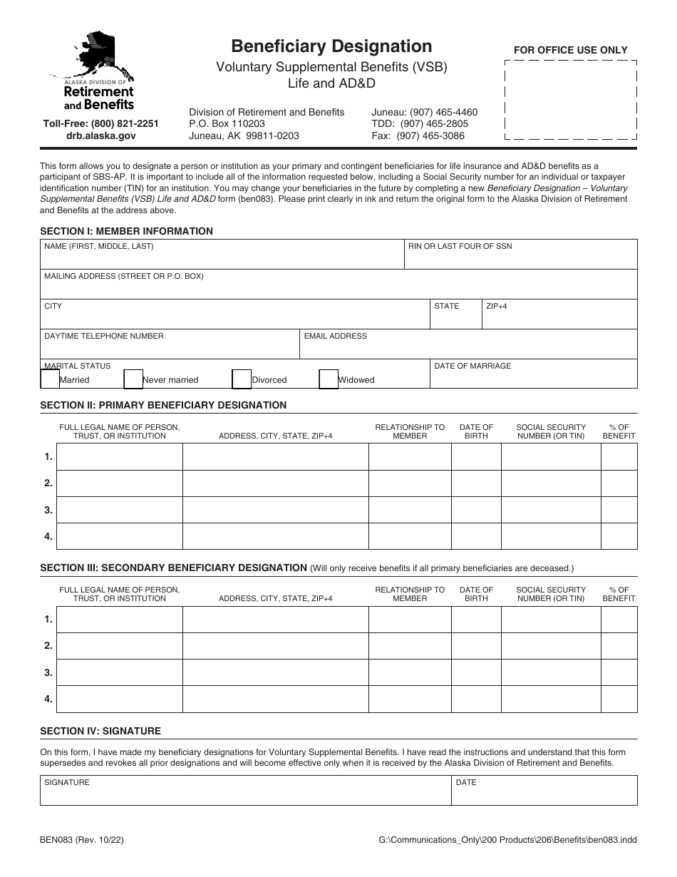Form BEN083 Beneficiary Designation - Voluntary Supplemental Benefits (Vsb) Life and Add - Alaska, Page 1