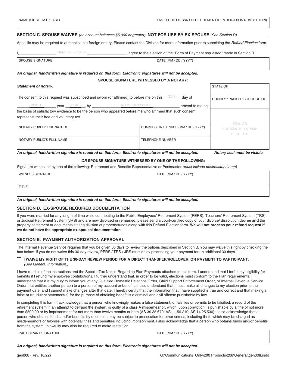 Form GEN008 Download Fillable PDF or Fill Online Refund Election (Pers ...