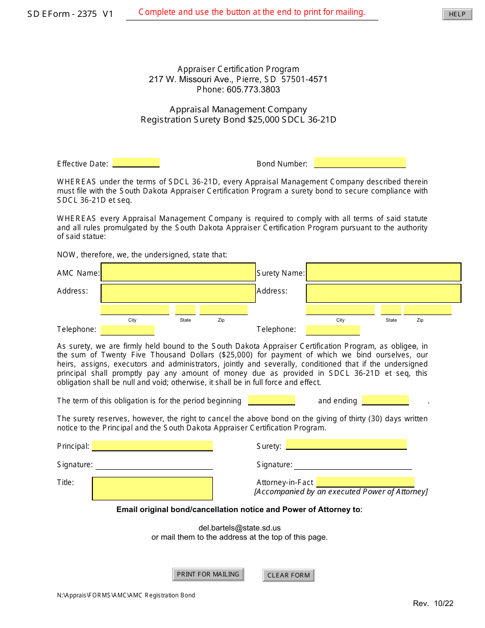 SD Form 2375 Appraisal Management Company Registration Surety Bond $25,000 - South Dakota, Page 1