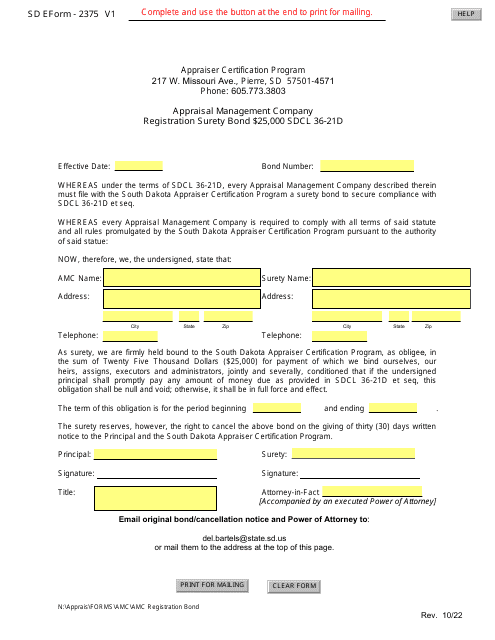 SD Form 2375 Appraisal Management Company Registration Surety Bond $25,000 - South Dakota