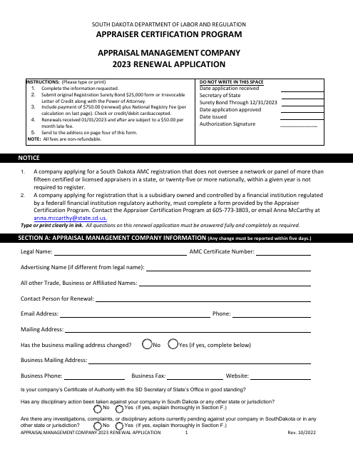 Appraisal Management Company Renewal Application - South Dakota, 2023