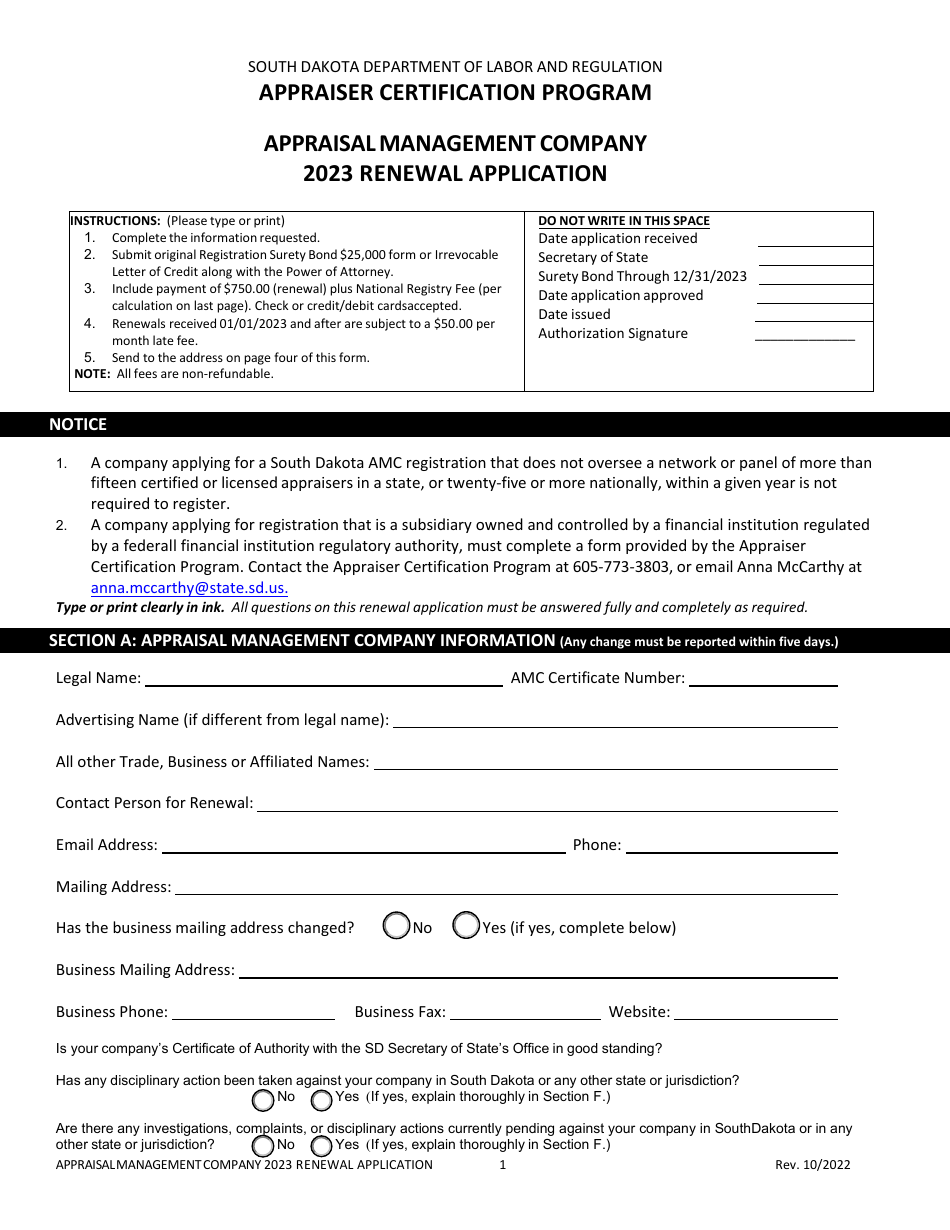 Appraisal Management Company Renewal Application - South Dakota, Page 1